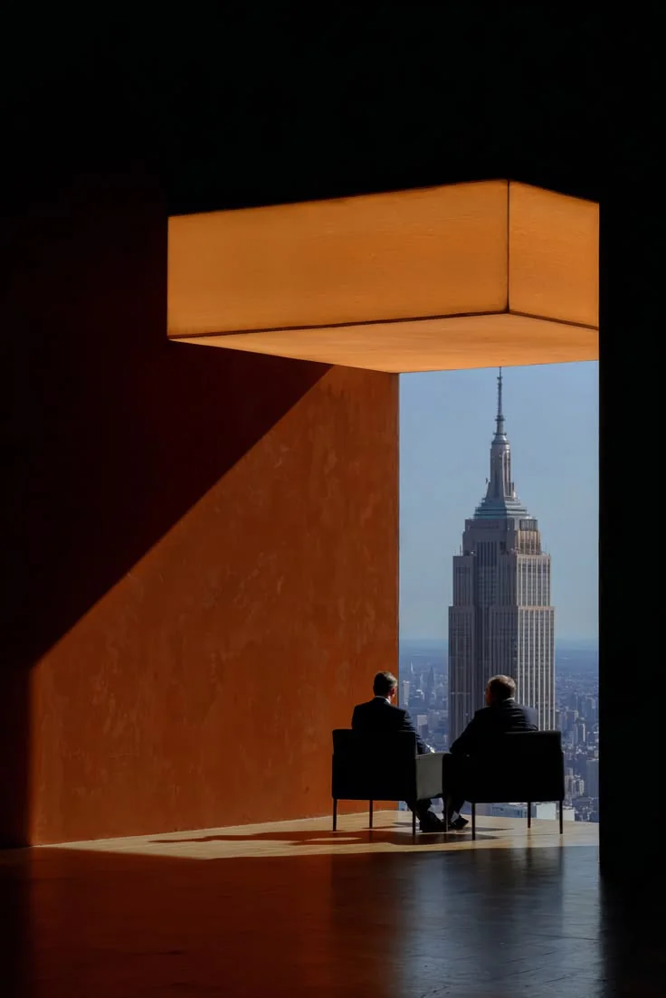 The Empire State Building framed by a sunlit orange wall