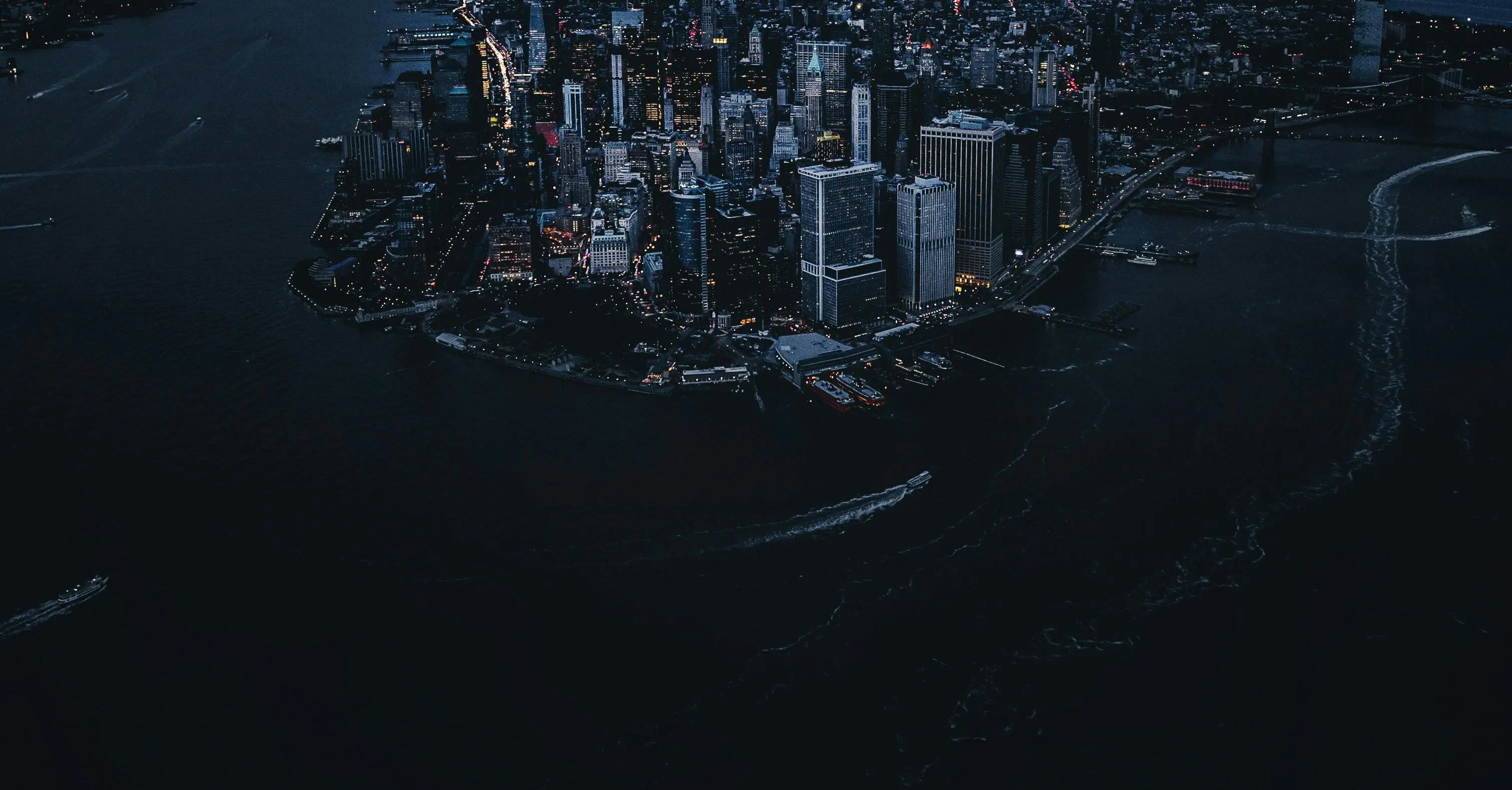 Aerial view of a downtown financial district at dusk